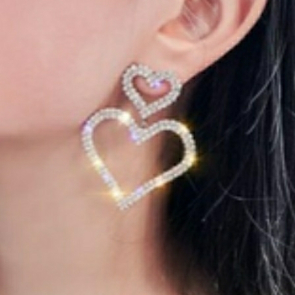 Double Heart Faux Diamond Earrings Silver Tone Setting - Picture 7 of 10